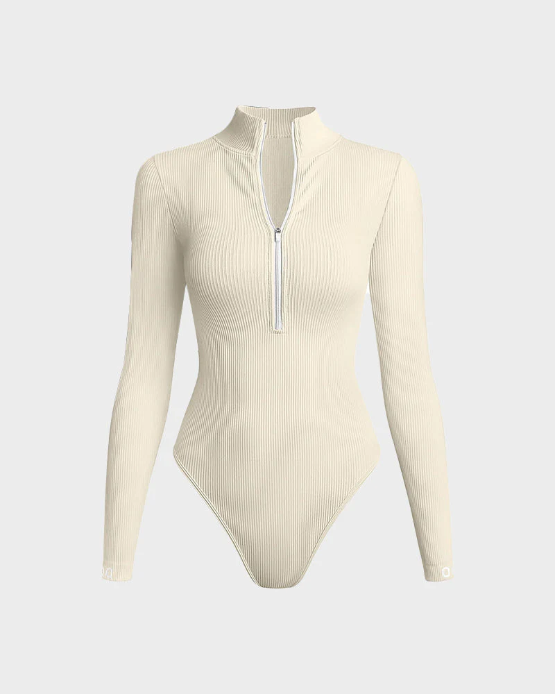 Ribbed Long Sleeve Half-Zip Shaping Bodysuit - Image 7