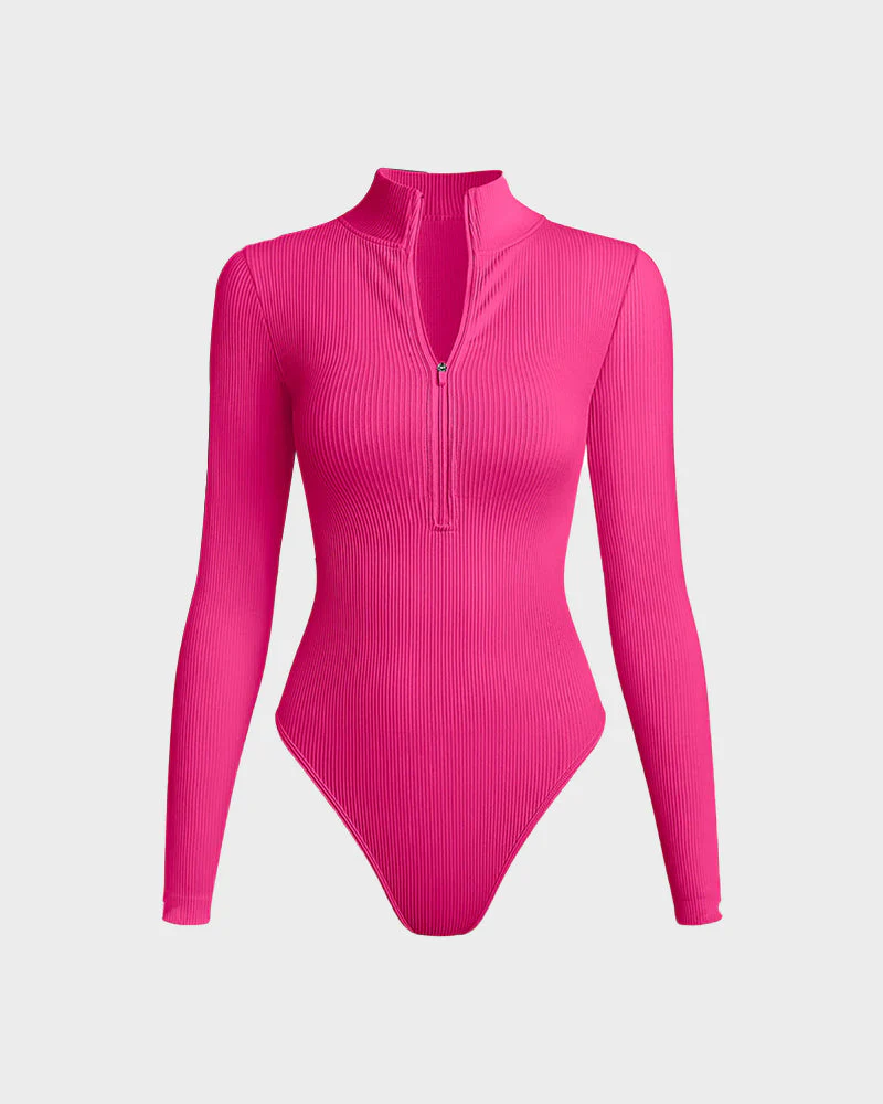 Ribbed Long Sleeve Half-Zip Shaping Bodysuit - Image 8