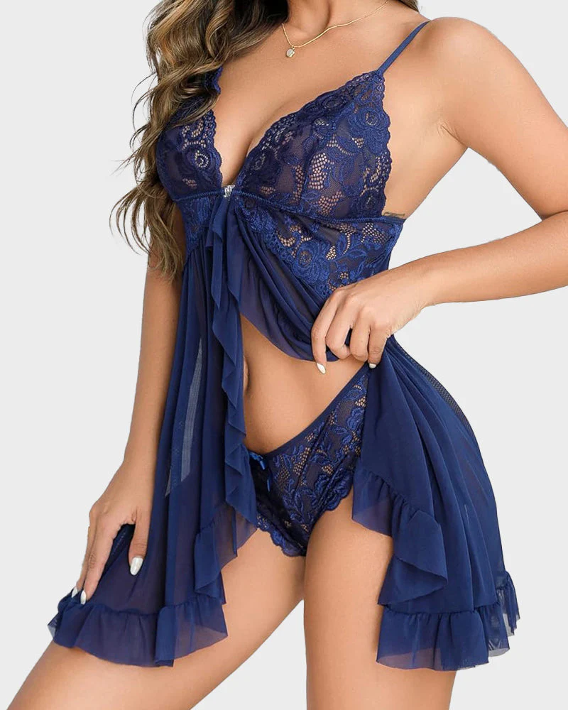 Sexy Lace Mesh See-Through Nightgown with Matching Thong - Image 12