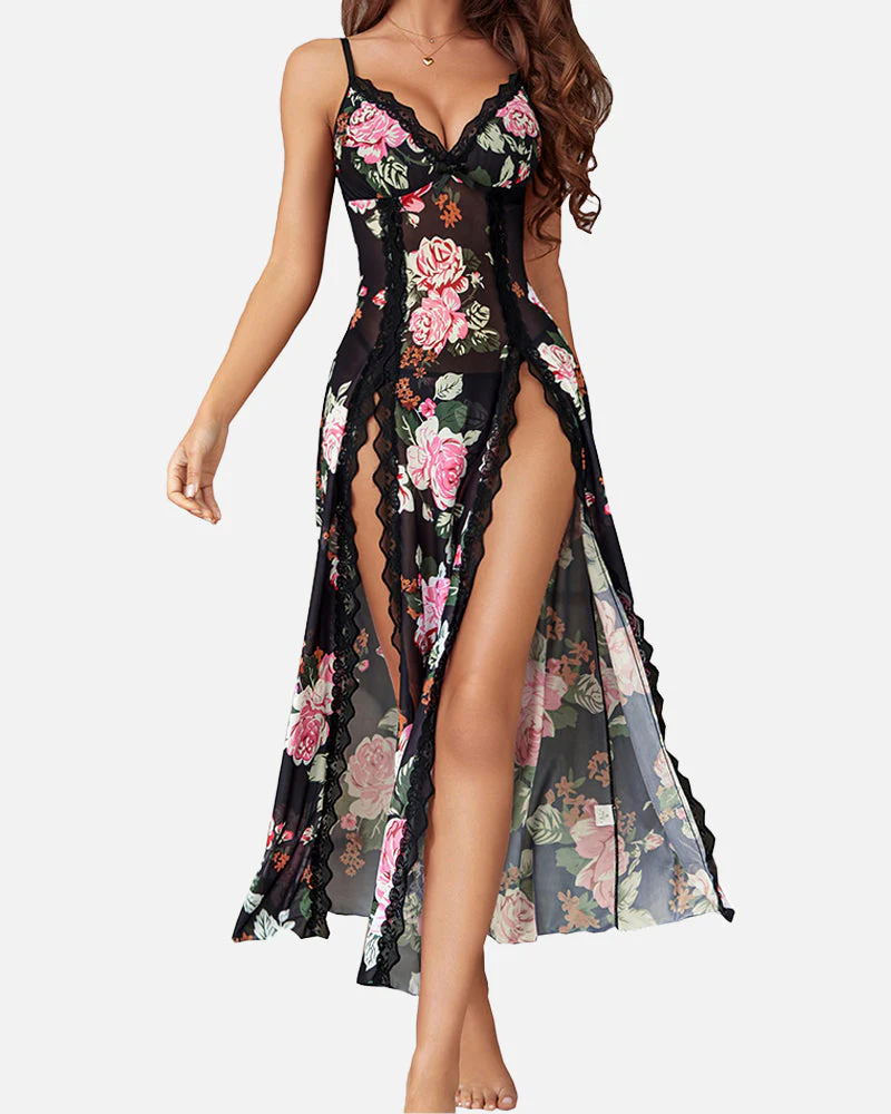 Sexy Mesh V Neck Side Split Nightdress - Image 19