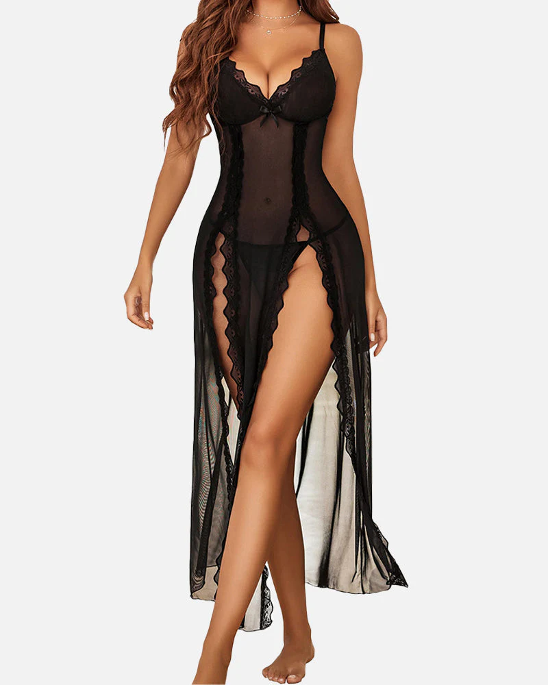 Sexy Mesh V Neck Side Split Nightdress - Image 5