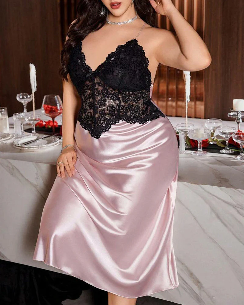 Sexy Plus Size Satin Lace Slip Nightgown - Image 3