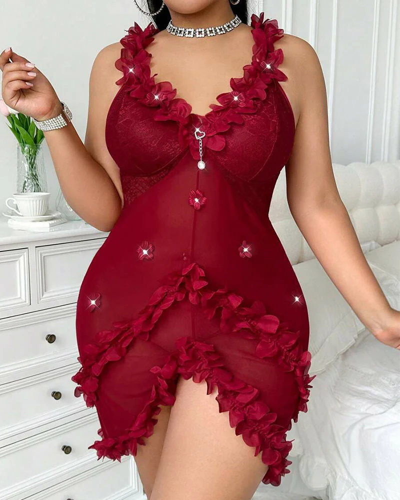 Sexy Plus Size V-Neck Spaghetti Strap Nightie with Backless Ruffles - Image 12