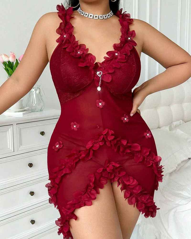 Sexy Plus Size V-Neck Spaghetti Strap Nightie with Backless Ruffles - Image 14