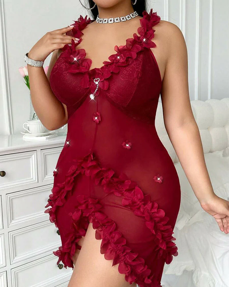 Sexy Plus Size V-Neck Spaghetti Strap Nightie with Backless Ruffles - Image 15