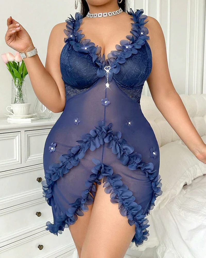 Sexy Plus Size V-Neck Spaghetti Strap Nightie with Backless Ruffles - Image 7