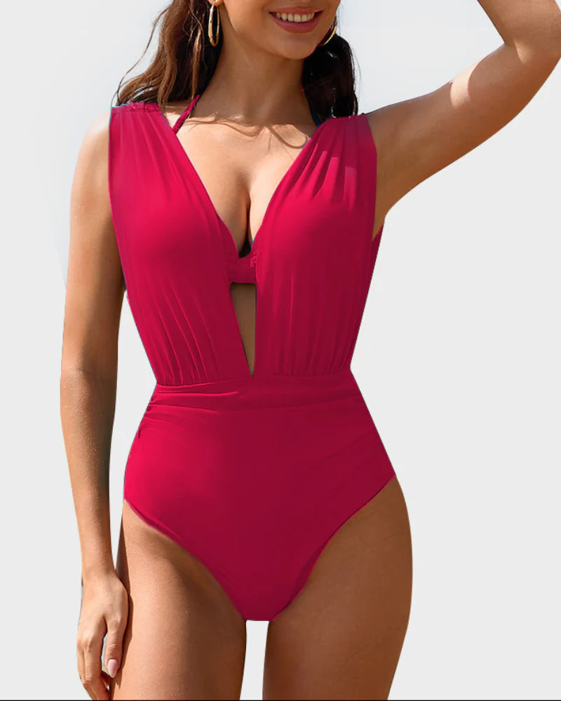 Two-Piece Deep Plunge Swimsuit with Halter Bra Overlay - Image 10