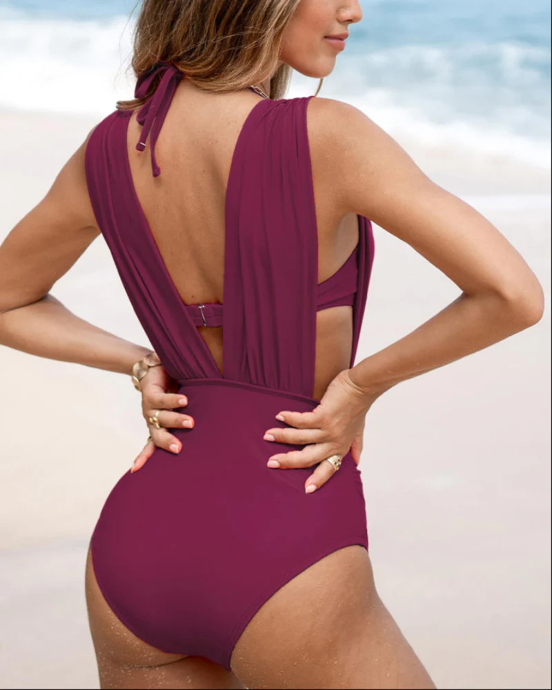 Two-Piece Deep Plunge Swimsuit with Halter Bra Overlay - Image 21