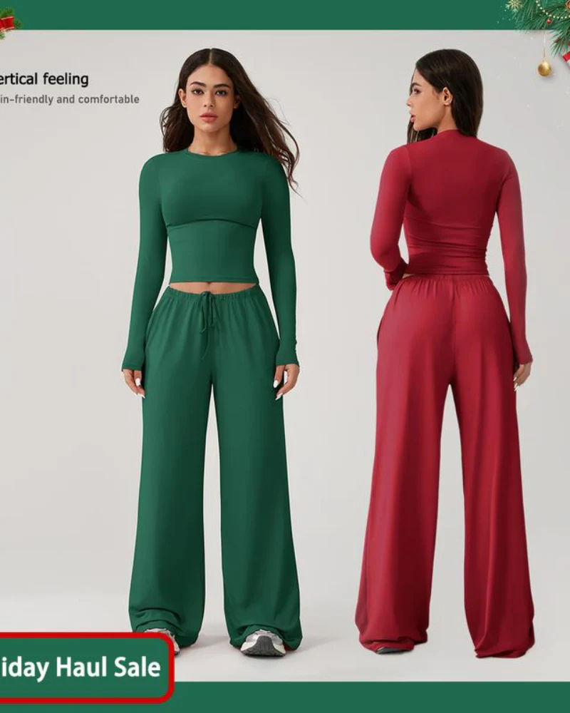 Womenâs 2-Piece Activewear Set: Long-Sleeve Crop Top & Wide-Leg Pants | Stretchy Yoga/Workout/Running Clothes - Image 3