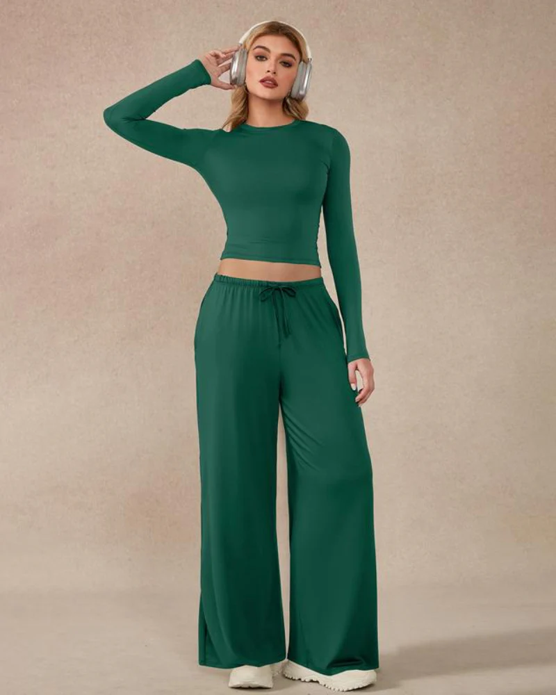 Womenâs 2-Piece Activewear Set: Long-Sleeve Crop Top & Wide-Leg Pants | Stretchy Yoga/Workout/Running Clothes - Image 5