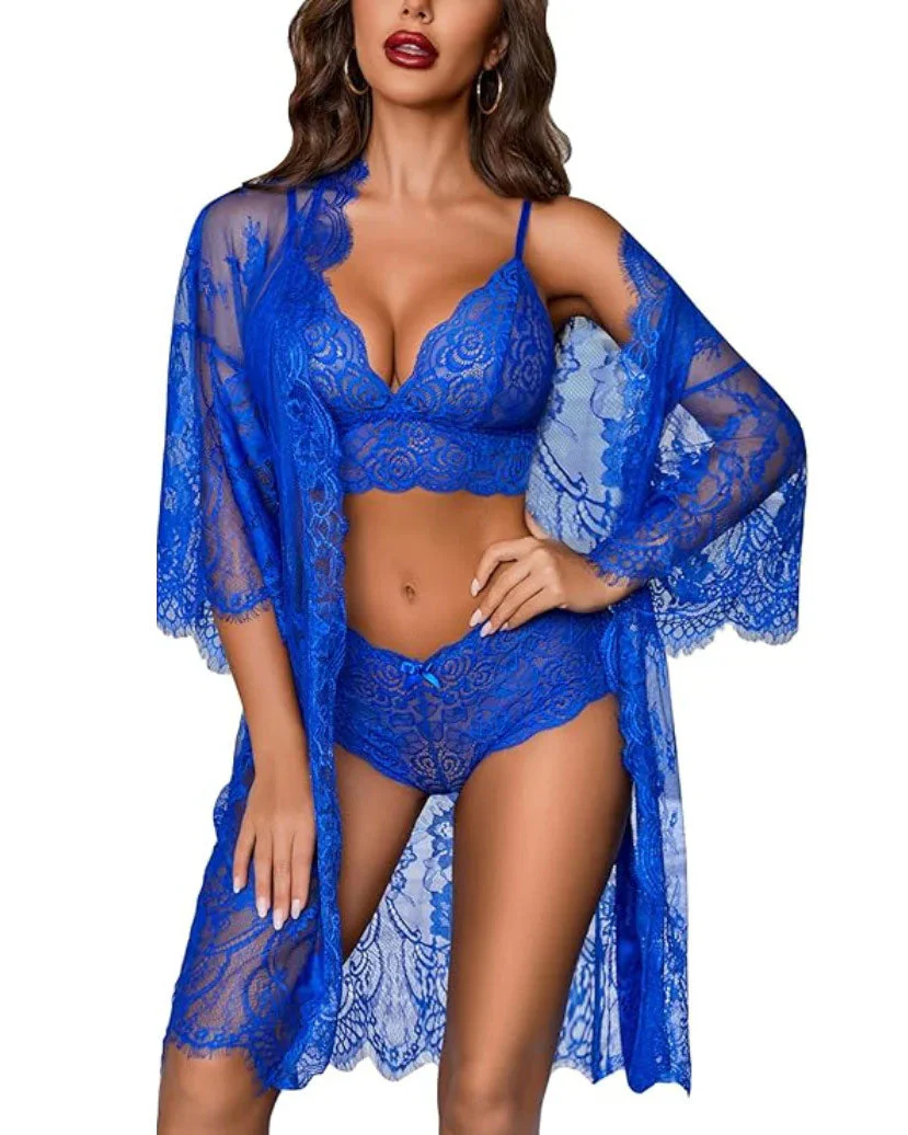 Women’s 3-Piece Sexy Lace Lingerie Set with Robe – Bra & Panty Nightwear - Image 8