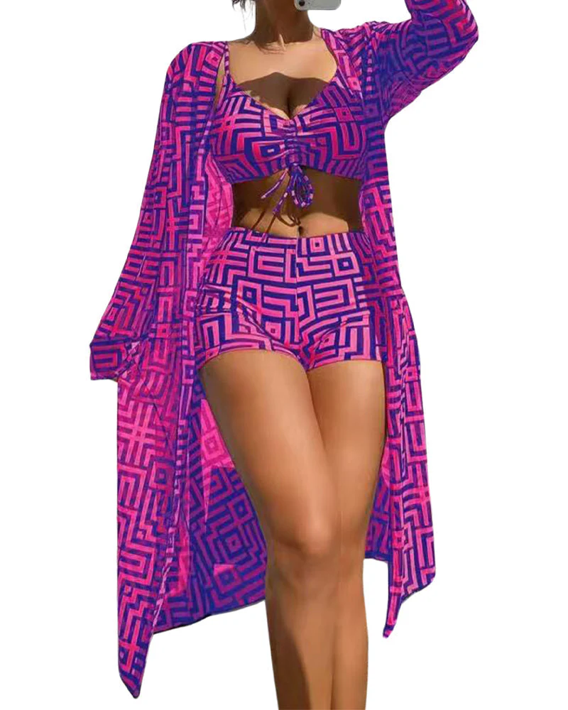 Women’s 3-Piece Swimsuit Set – Gathered Bikini Top, High-Waist Bottom & Beach Cover-Up - Image 12