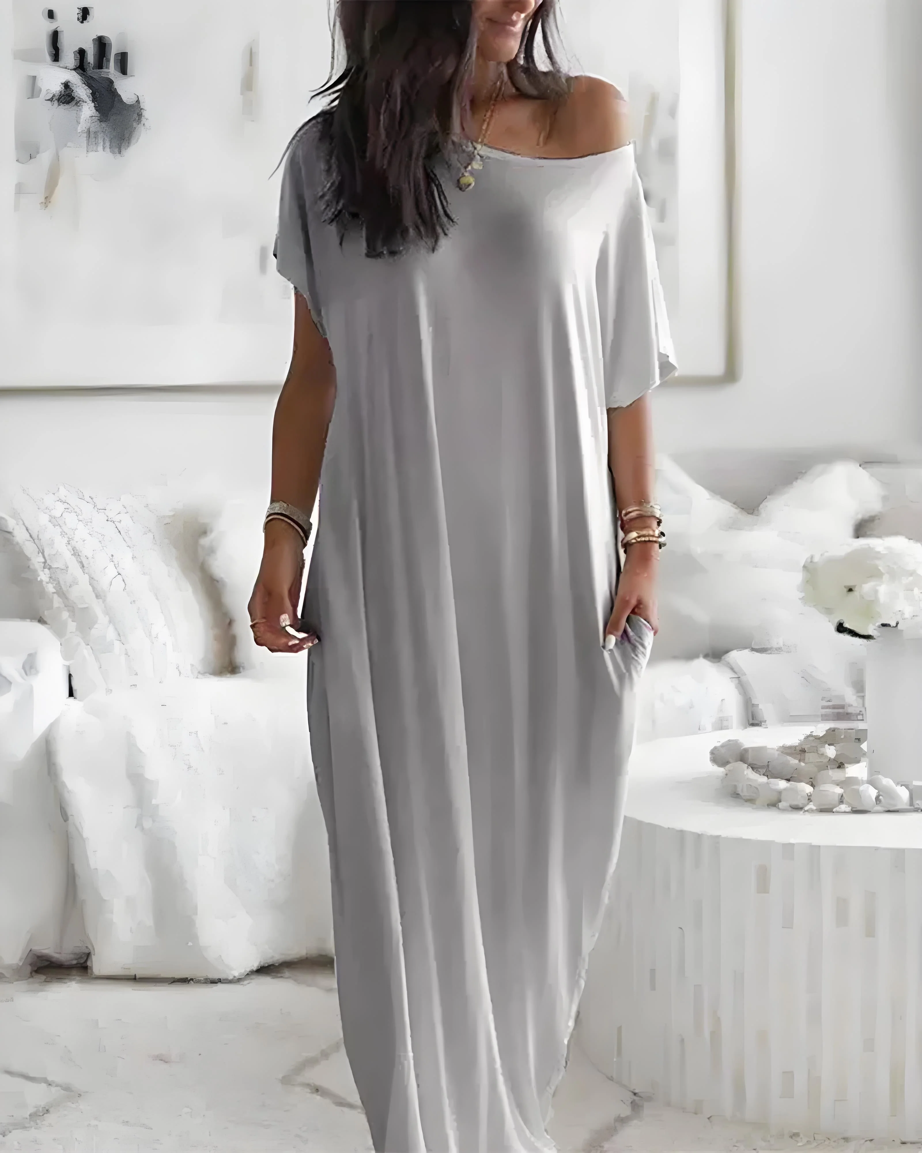 Women’s Solid Color Batwing Sleeve Casual Nightdress - Image 5