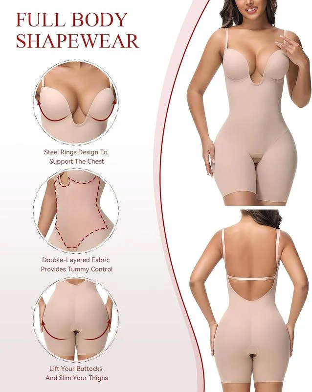 Women's U Plunge Strapless Tummy Control Bodysuit Low Back Built In Bra Shapewear - Image 13