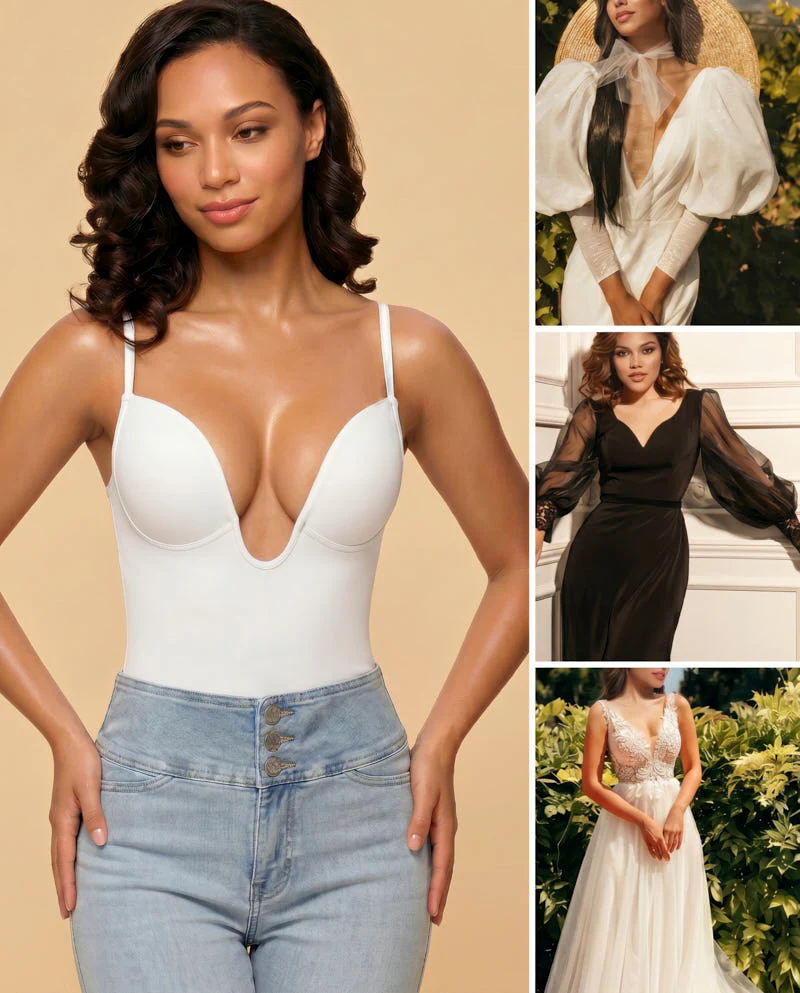 Women's U Plunge Strapless Tummy Control Bodysuit Low Back Built In Bra Shapewear - Image 23
